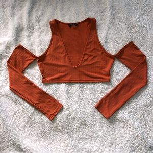 Orange off-shoulder long sleeve halter top